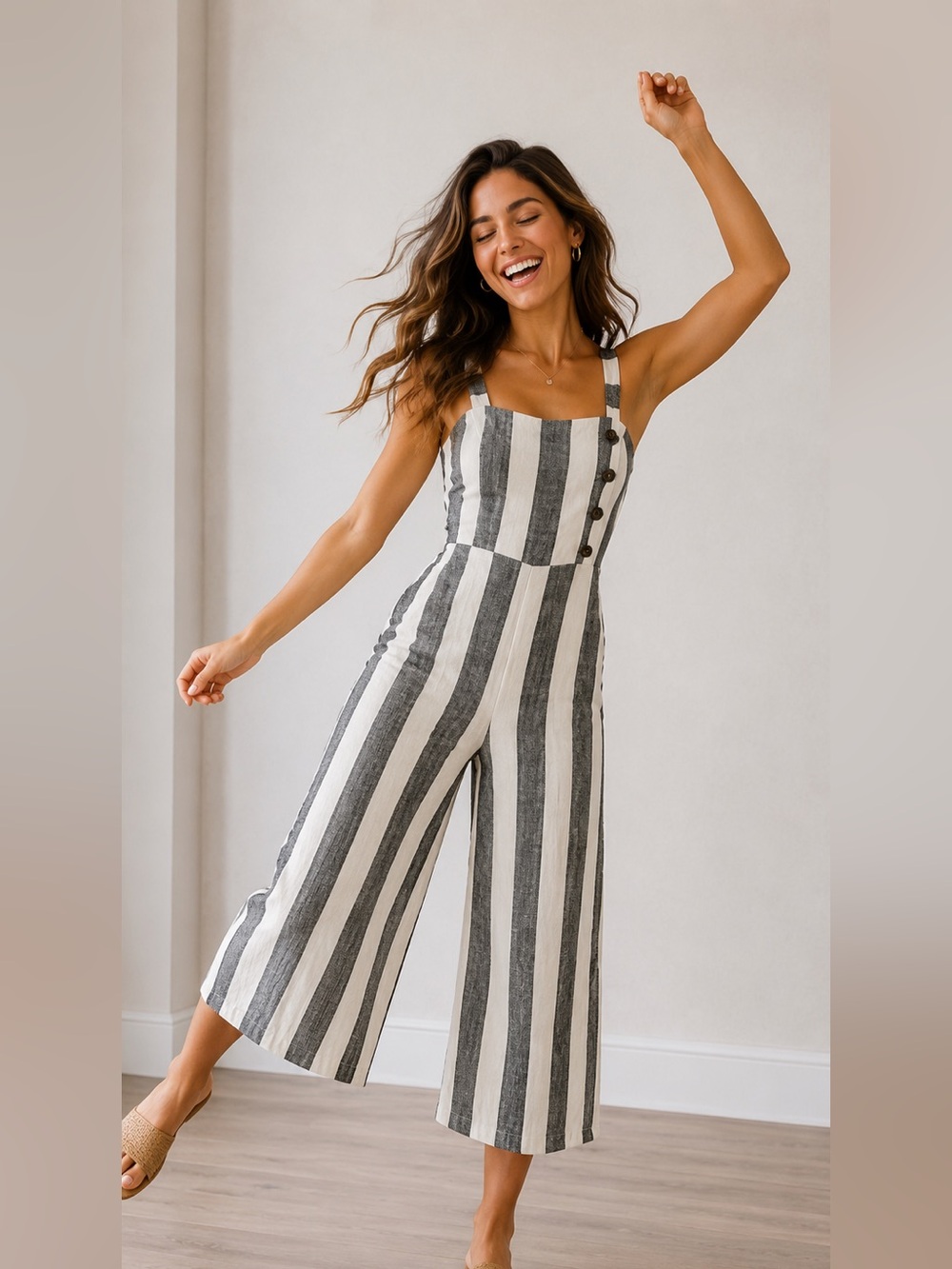Urban Romantics Striped Wide Leg Jumpsuit White Gray Adjustable Strap Size Small